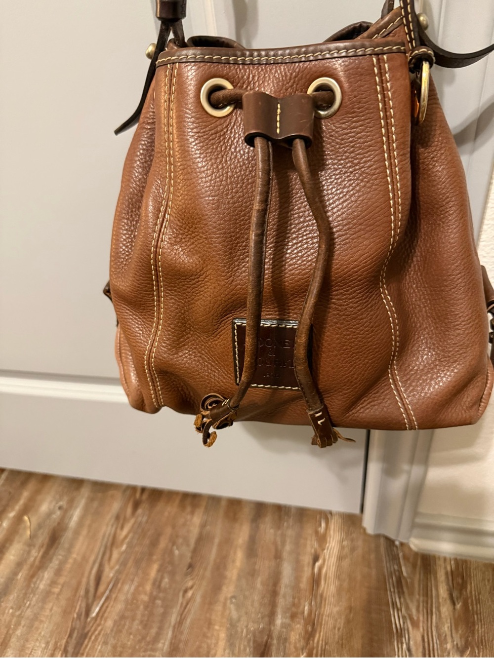 Dooney & Bourke Brown Pebbled Leather Drawstring Shoulder Bag